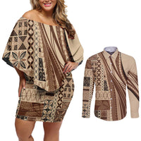 Pasifika Women's Day - Samoa Siapo Malu Tattoo Inspired Couples Matching Off Shoulder Short Dress and Long Sleeve Button Shirt Beige LT7 Beige - Polynesian Pride