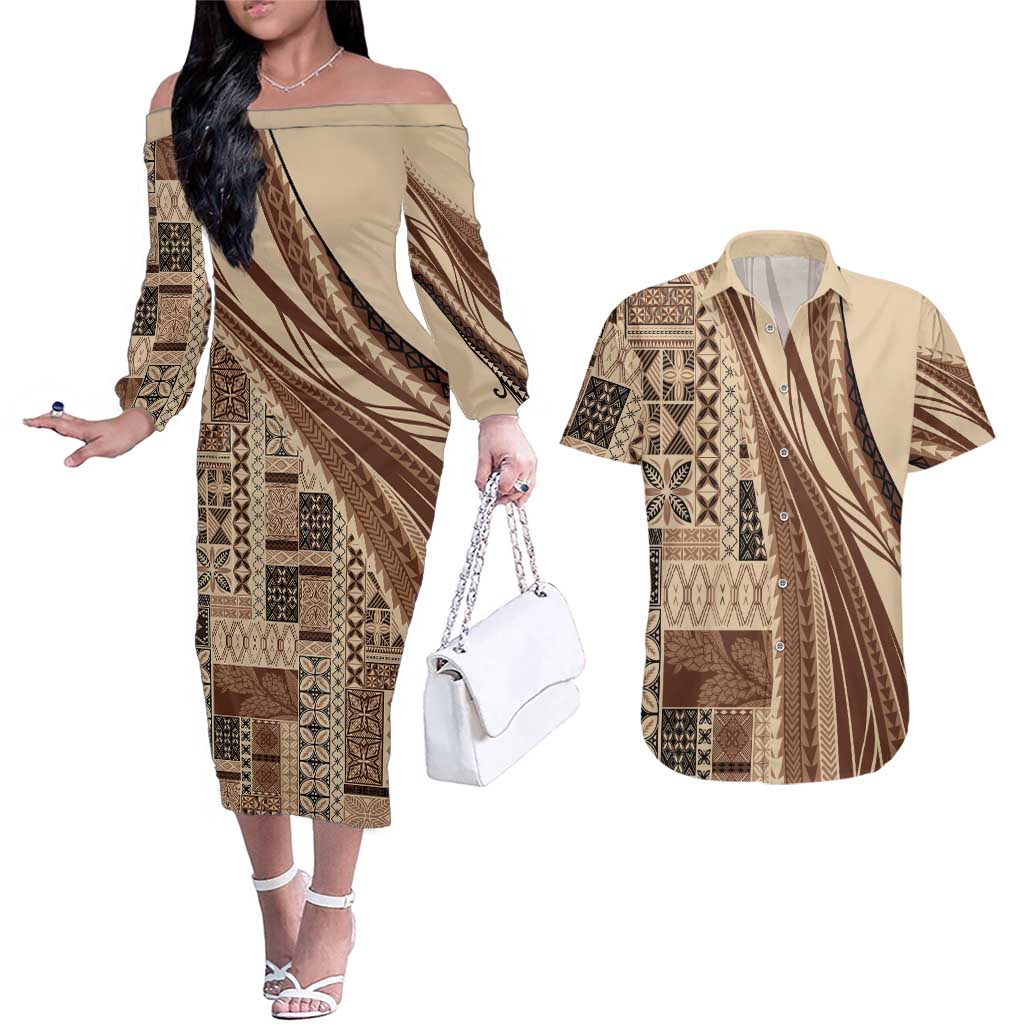 Pasifika Women's Day - Samoa Siapo Malu Tattoo Inspired Couples Matching Off The Shoulder Long Sleeve Dress and Hawaiian Shirt Beige LT7 Beige - Polynesian Pride