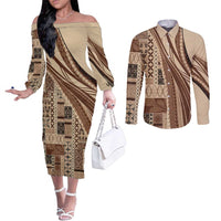 Pasifika Women's Day - Samoa Siapo Malu Tattoo Inspired Couples Matching Off The Shoulder Long Sleeve Dress and Long Sleeve Button Shirt Beige LT7 Beige - Polynesian Pride