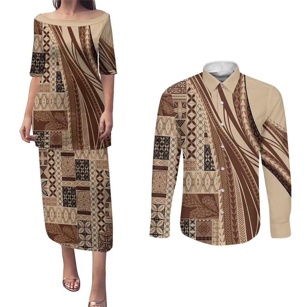 Pasifika Women's Day - Samoa Siapo Malu Tattoo Inspired Couples Matching Puletasi and Long Sleeve Button Shirt Beige