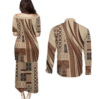 Pasifika Women's Day - Samoa Siapo Malu Tattoo Inspired Couples Matching Puletasi and Long Sleeve Button Shirt Beige