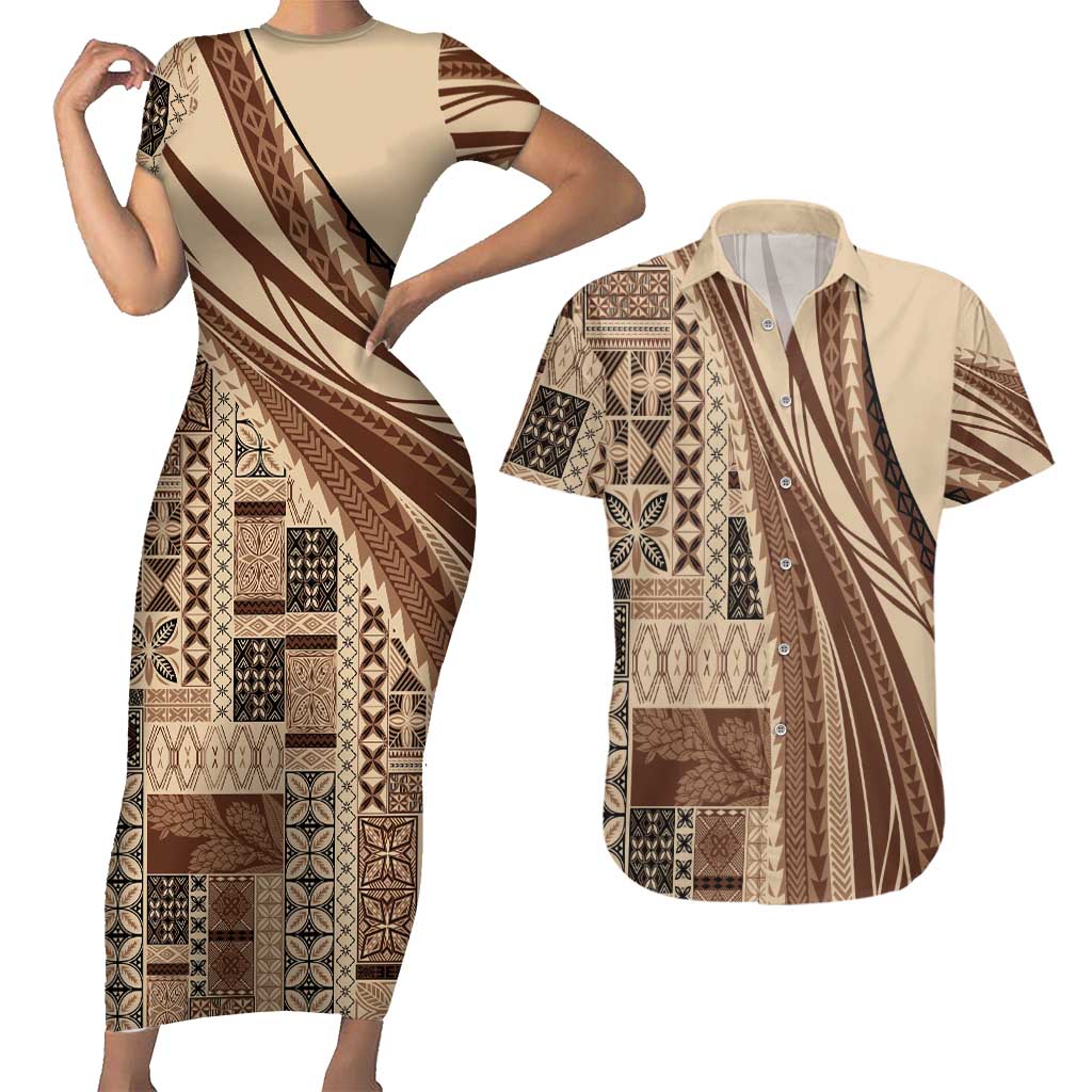 Pasifika Women's Day - Samoa Siapo Malu Tattoo Inspired Couples Matching Short Sleeve Bodycon Dress and Hawaiian Shirt Beige