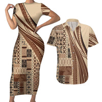 Pasifika Women's Day - Samoa Siapo Malu Tattoo Inspired Couples Matching Short Sleeve Bodycon Dress and Hawaiian Shirt Beige LT7 Beige - Polynesian Pride