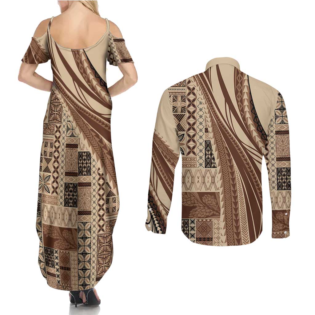 Pasifika Women's Day - Samoa Siapo Malu Tattoo Inspired Couples Matching Summer Maxi Dress and Long Sleeve Button Shirt Beige LT7 - Polynesian Pride