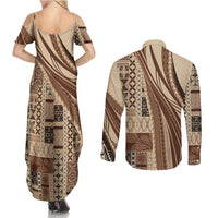 Pasifika Women's Day - Samoa Siapo Malu Tattoo Inspired Couples Matching Summer Maxi Dress and Long Sleeve Button Shirt Beige LT7 - Polynesian Pride