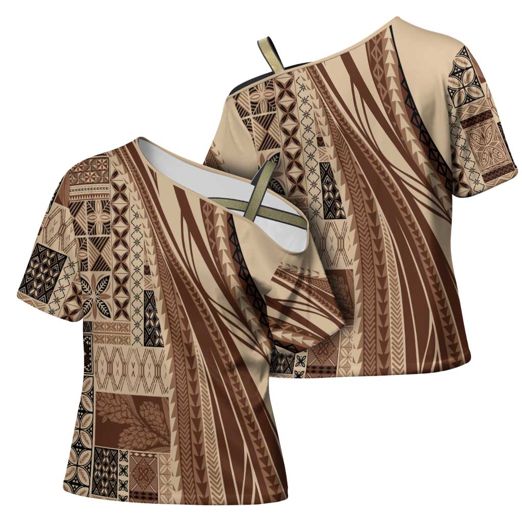Pasifika Women's Day - Samoa Siapo Malu Tattoo Inspired Cross Shoulder Shirt Beige