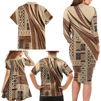 Pasifika Women's Day - Samoa Siapo Malu Tattoo Inspired Family Matching Long Sleeve Bodycon Dress and Hawaiian Shirt Beige LT7 - Polynesian Pride