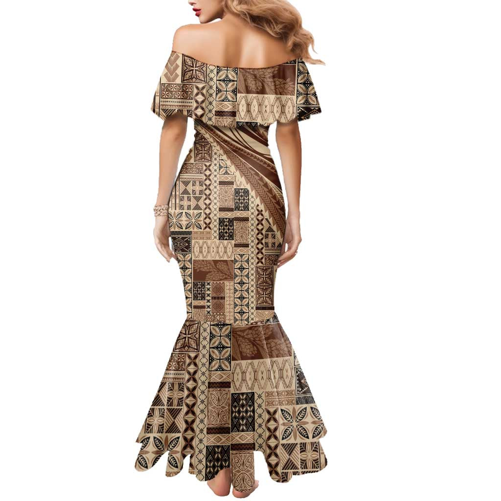 Pasifika Women's Day - Samoa Siapo Malu Tattoo Inspired Family Matching Mermaid Dress and Hawaiian Shirt Beige
