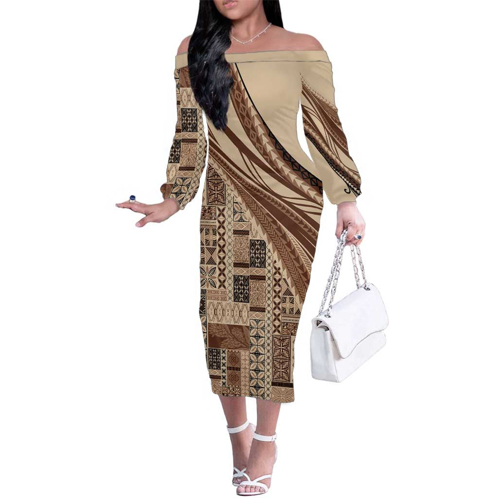 Pasifika Women's Day - Samoa Siapo Malu Tattoo Inspired Family Matching Off The Shoulder Long Sleeve Dress and Hawaiian Shirt Beige LT7 Mom's Dress Beige - Polynesian Pride