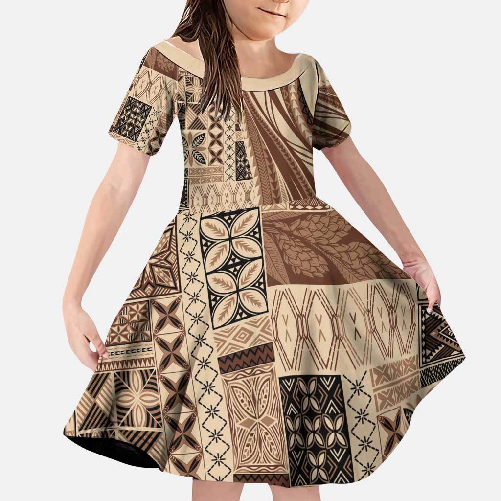Pasifika Women's Day - Samoa Siapo Malu Tattoo Inspired Family Matching Off Shoulder Maxi Dress and Hawaiian Shirt Beige