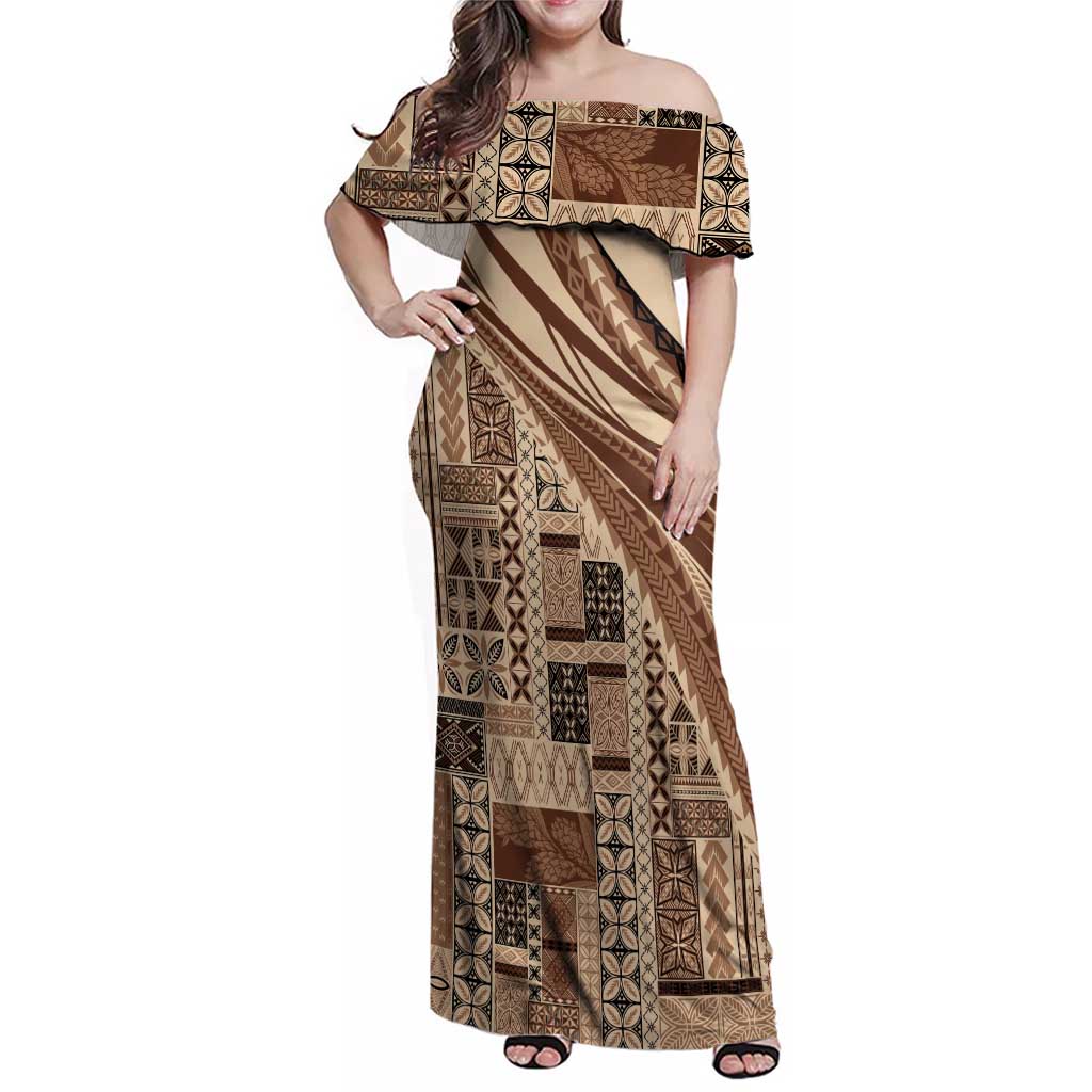 Pasifika Women's Day - Samoa Siapo Malu Tattoo Inspired Family Matching Off Shoulder Maxi Dress and Hawaiian Shirt Beige