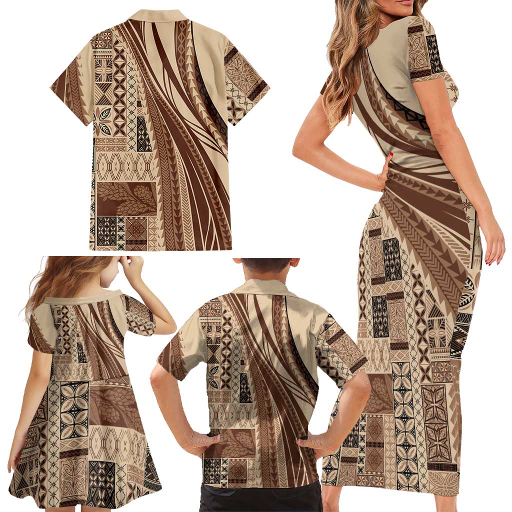 Pasifika Women's Day - Samoa Siapo Malu Tattoo Inspired Family Matching Short Sleeve Bodycon Dress and Hawaiian Shirt Beige LT7 - Polynesian Pride