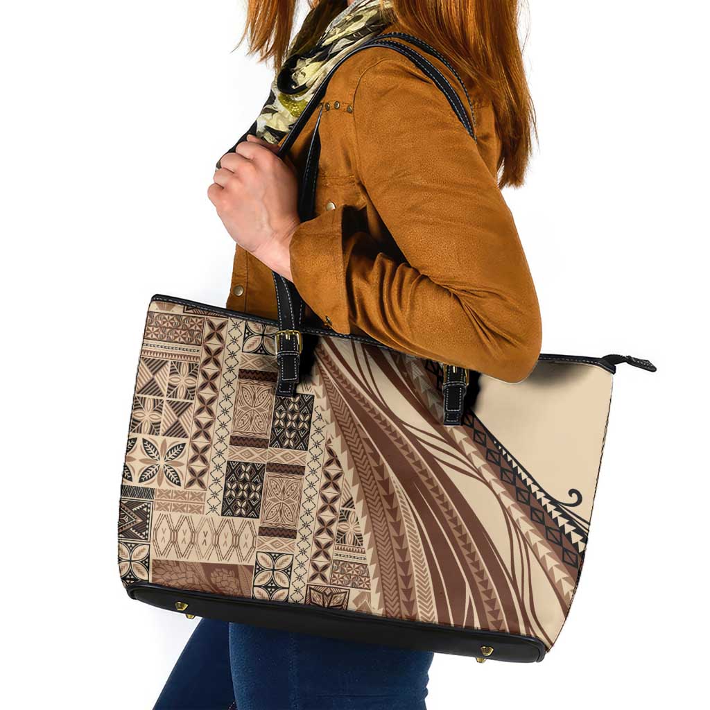 Pasifika Women's Day - Samoa Siapo Malu Tattoo Inspired Leather Tote Bag Beige LT7 Beige - Polynesian Pride