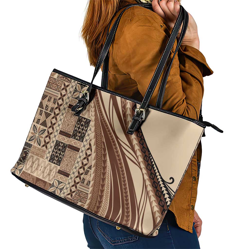 Pasifika Women's Day - Samoa Siapo Malu Tattoo Inspired Leather Tote Bag Beige LT7 - Polynesian Pride