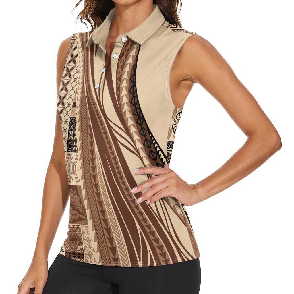 Pasifika Women's Day - Samoa Siapo Malu Tattoo Inspired Women Sleeveless Polo Shirt Beige LT7 - Polynesian Pride