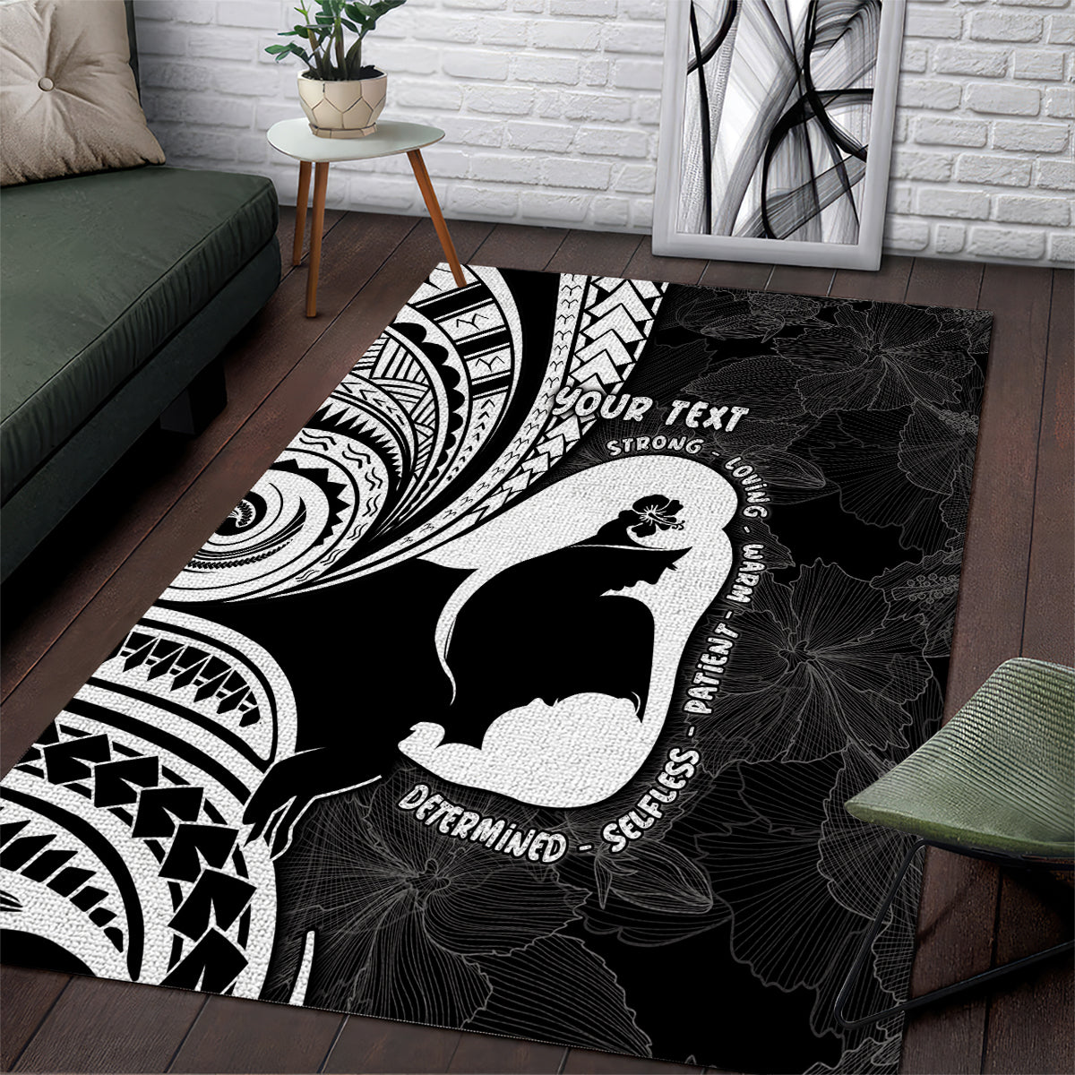 Mother's Day Area Rug Polynesia Vintage Hibiscus - Black