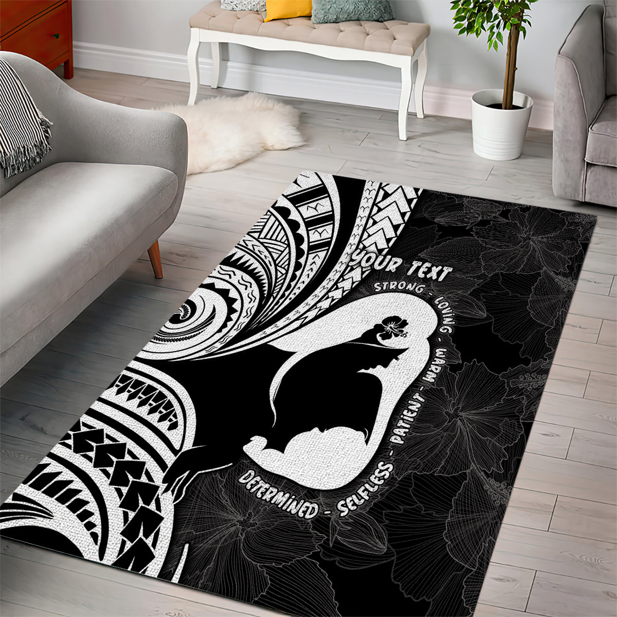 Mother's Day Area Rug Polynesia Vintage Hibiscus - Black
