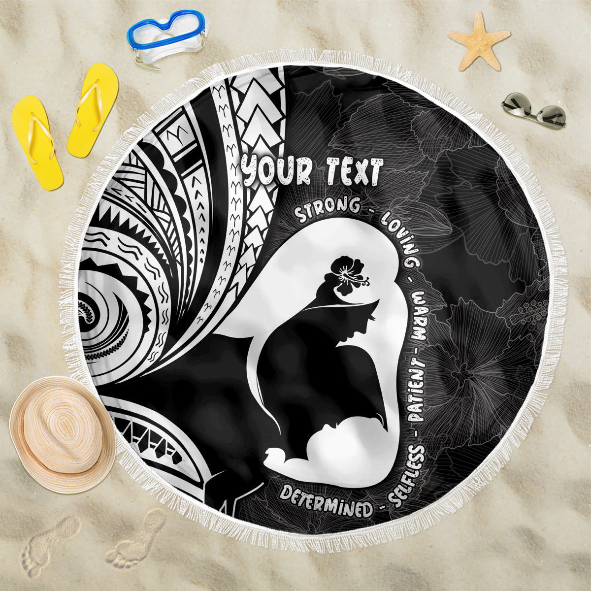 Mother's Day Beach Blanket Polynesia Vintage Hibiscus - Black