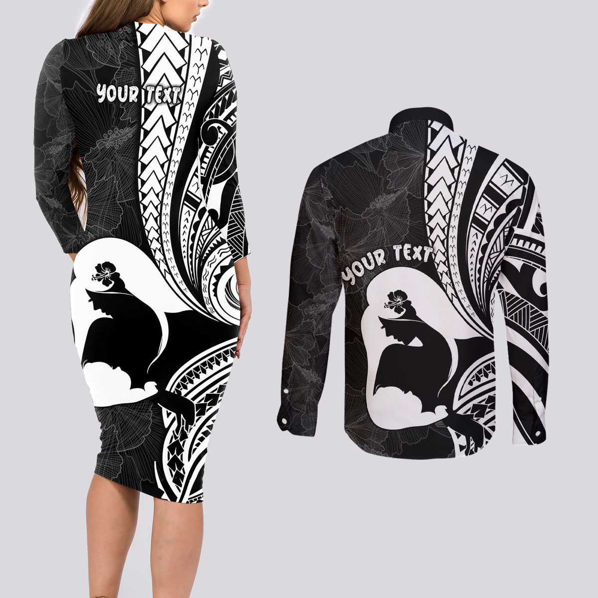 Mother's Day Couples Matching Long Sleeve Bodycon Dress and Long Sleeve Button Shirt Polynesia Vintage Hibiscus - Black LT7 - Polynesian Pride