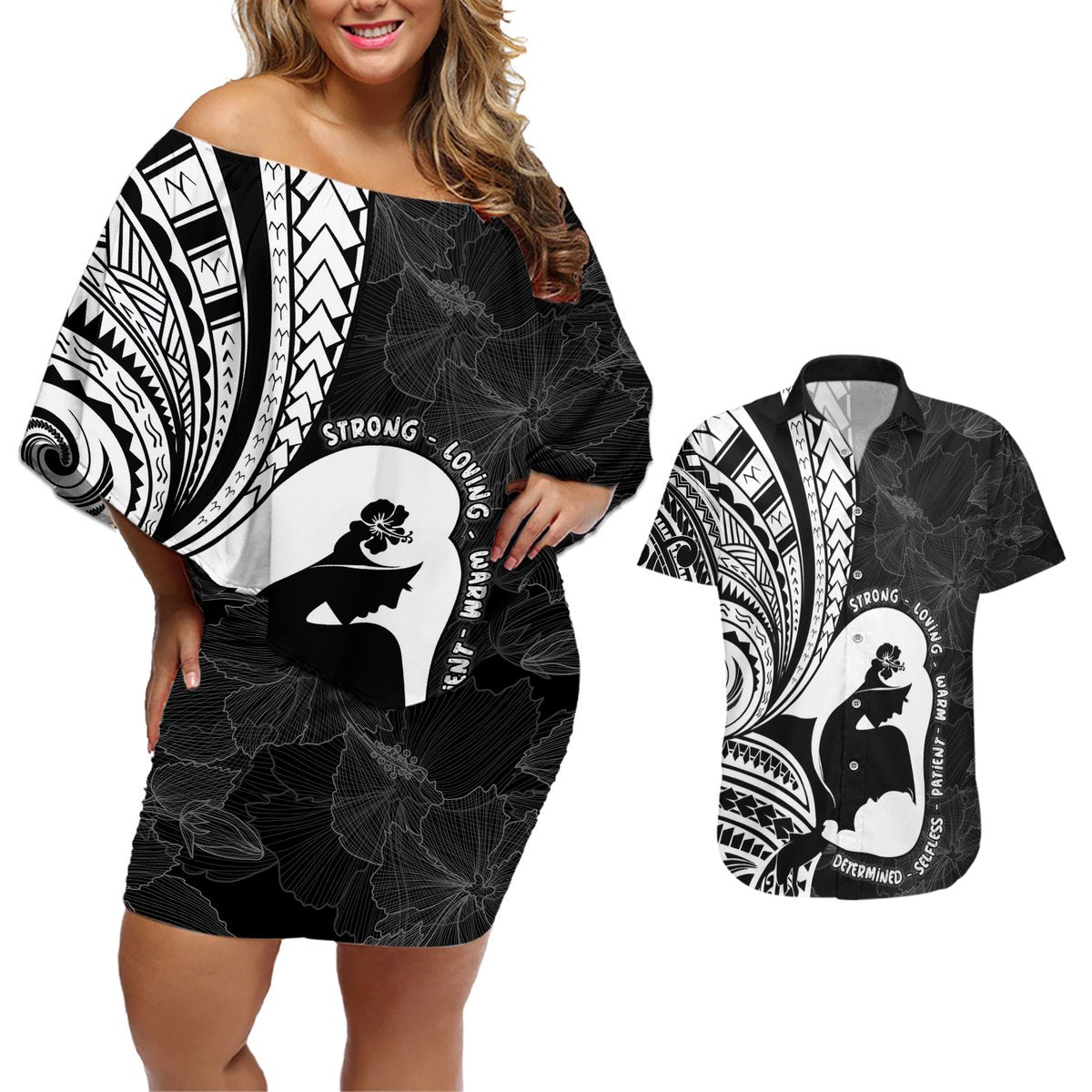 Mother's Day Couples Matching Off Shoulder Short Dress and Hawaiian Shirt Polynesia Vintage Hibiscus - Black LT7 Black - Polynesian Pride