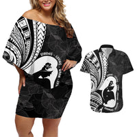 Mother's Day Couples Matching Off Shoulder Short Dress and Hawaiian Shirt Polynesia Vintage Hibiscus - Black LT7 Black - Polynesian Pride