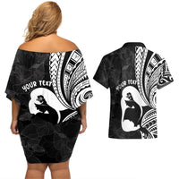 Mother's Day Couples Matching Off Shoulder Short Dress and Hawaiian Shirt Polynesia Vintage Hibiscus - Black LT7 - Polynesian Pride