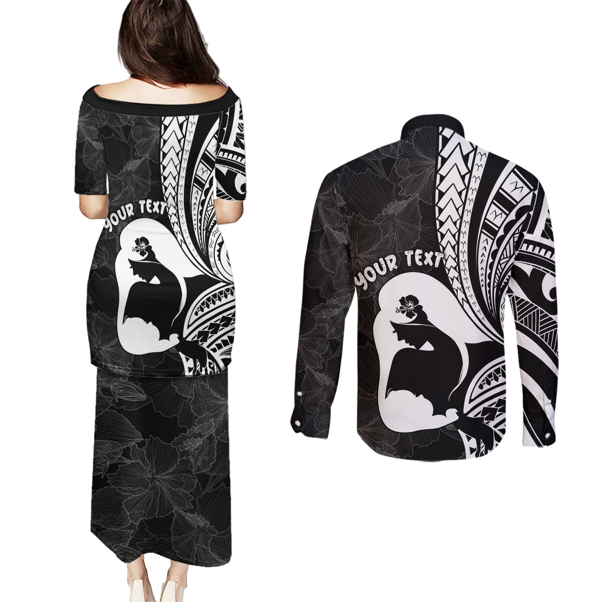 Mother's Day Couples Matching Puletasi and Long Sleeve Button Shirt Polynesia Vintage Hibiscus - Black