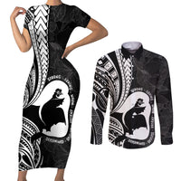 Mother's Day Couples Matching Short Sleeve Bodycon Dress and Long Sleeve Button Shirt Polynesia Vintage Hibiscus - Black LT7 Black - Polynesian Pride