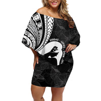 Mother's Day Family Matching Off Shoulder Short Dress and Hawaiian Shirt Polynesia Vintage Hibiscus - Black