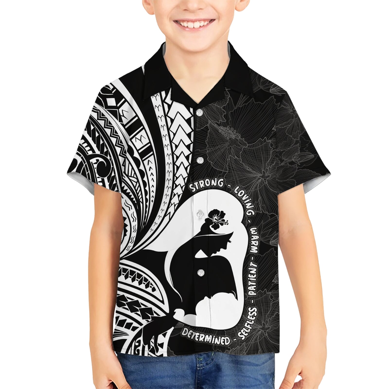 Mother's Day Kid Hawaiian Shirt Polynesia Vintage Hibiscus - Black