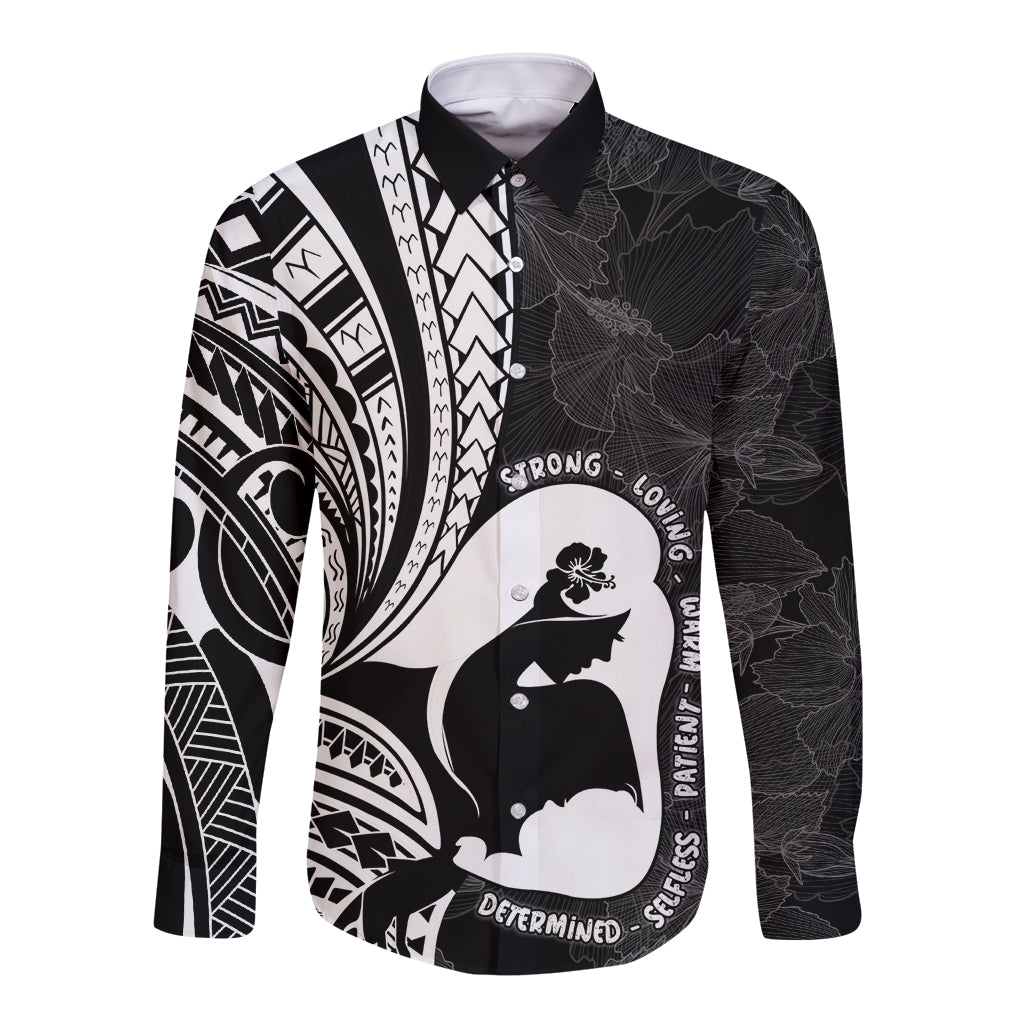 Mother's Day Long Sleeve Button Shirt Polynesia Vintage Hibiscus - Black