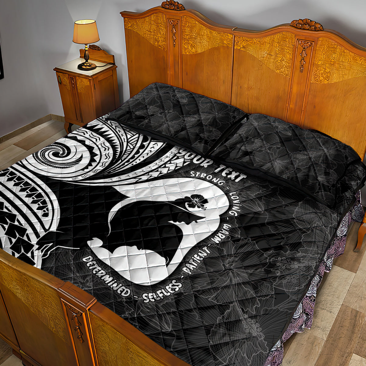 Mother's Day Quilt Bed Set Polynesia Vintage Hibiscus - Black