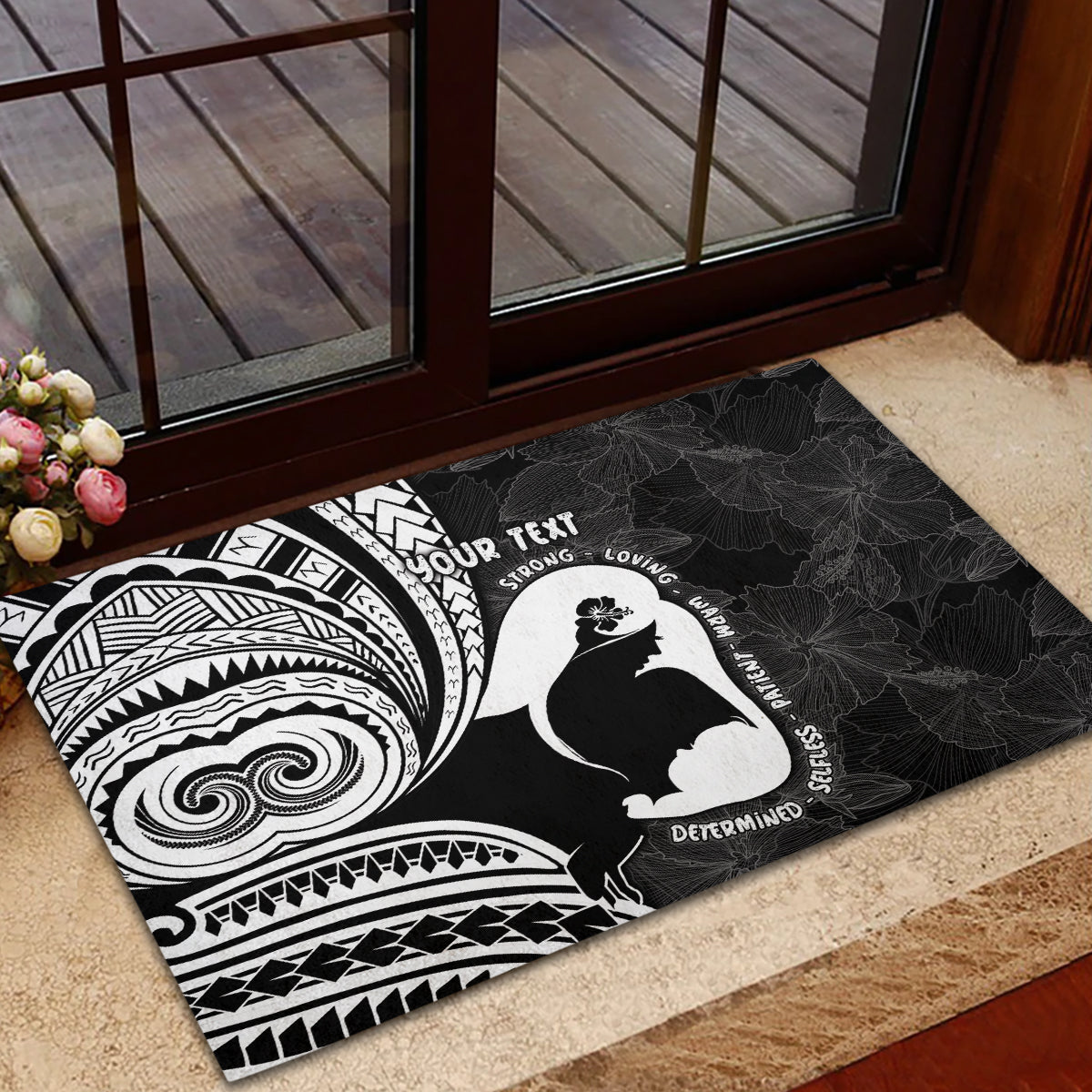 Mother's Day Rubber Doormat Polynesia Vintage Hibiscus - Black