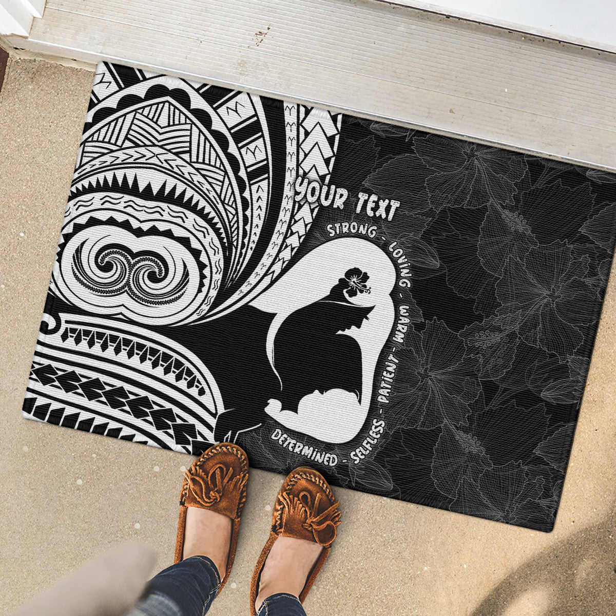 Mother's Day Rubber Doormat Polynesia Vintage Hibiscus - Black