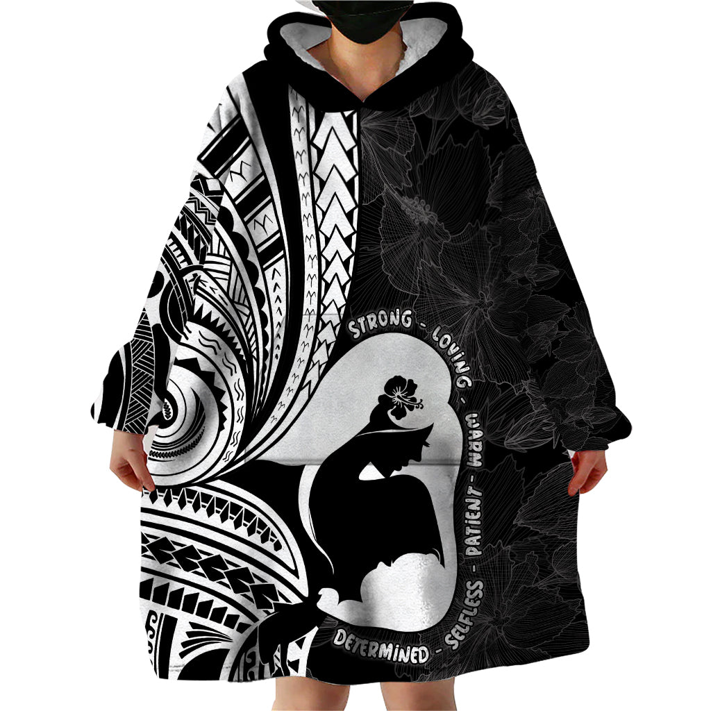 Mother's Day Wearable Blanket Hoodie Polynesia Vintage Hibiscus - Black