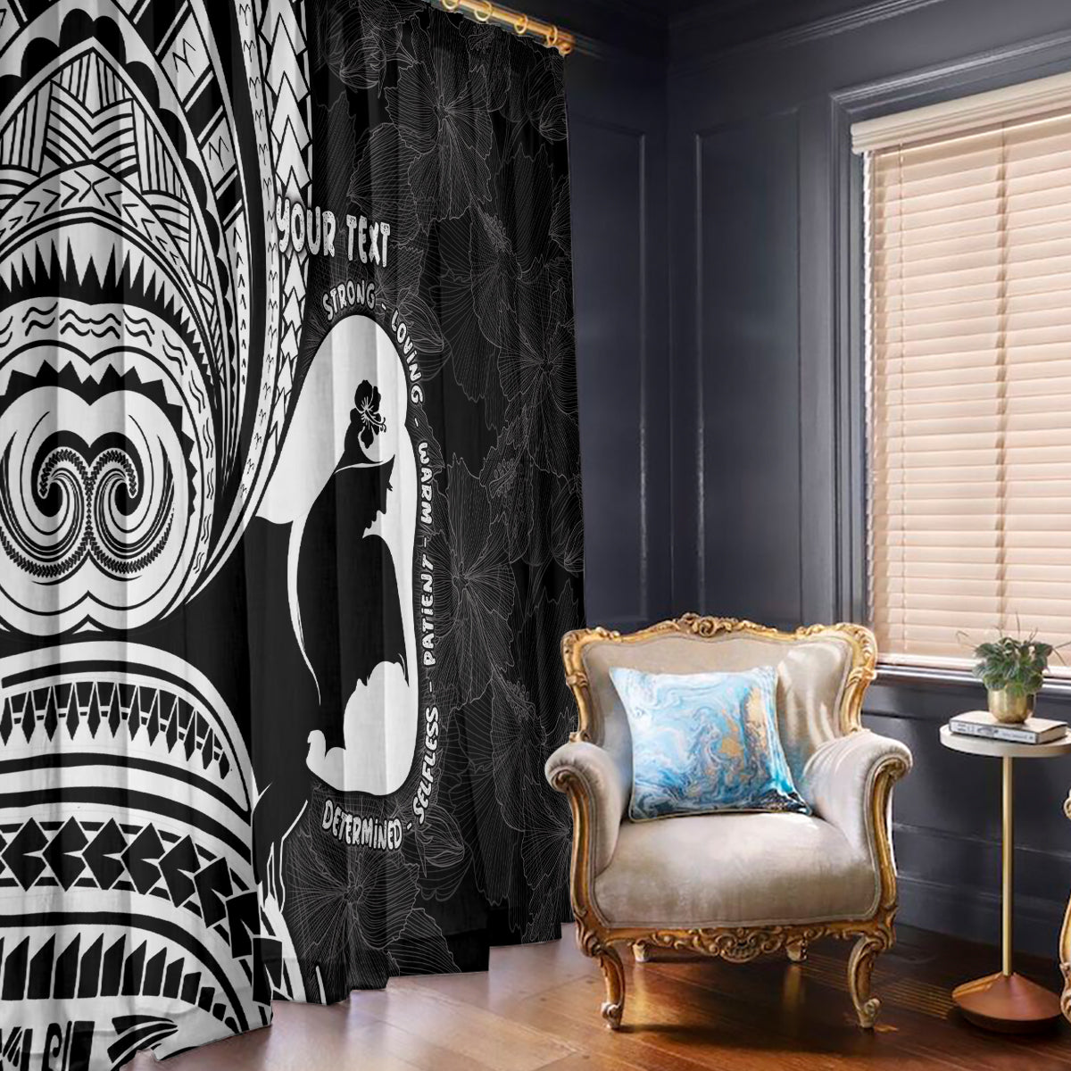 Mother's Day Window Curtain Polynesia Vintage Hibiscus - Black