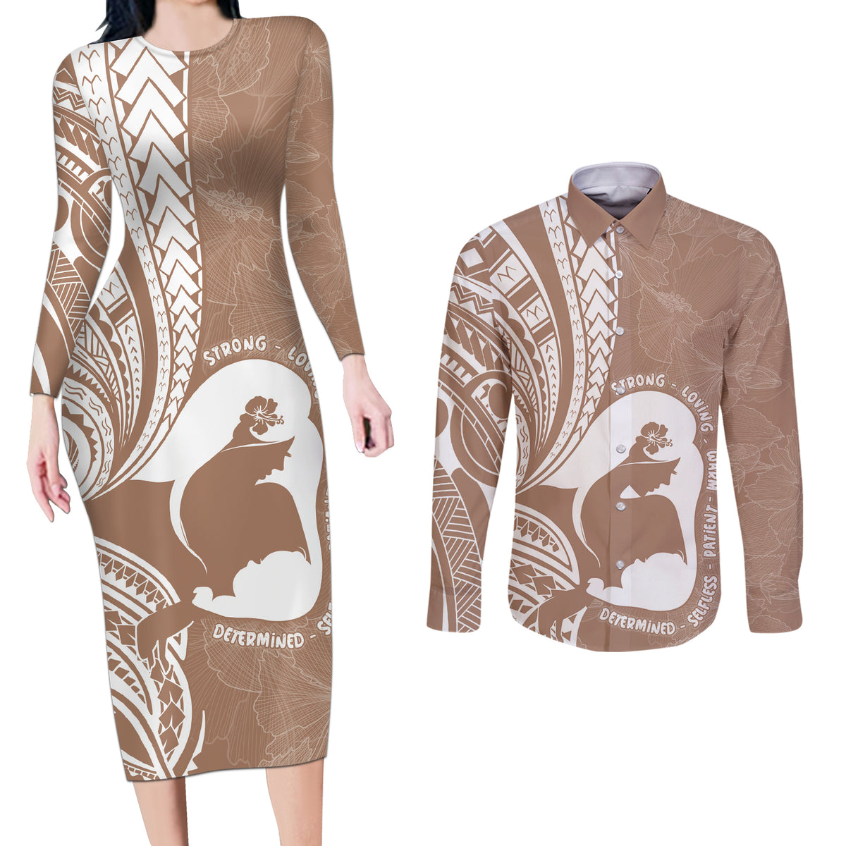 Mother's Day Couples Matching Long Sleeve Bodycon Dress and Long Sleeve Button Shirt Polynesia Vintage Hibiscus - Brown LT7 Brown - Polynesian Pride