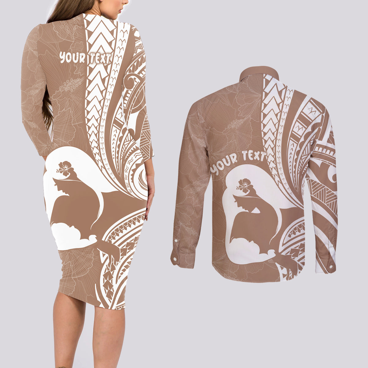Mother's Day Couples Matching Long Sleeve Bodycon Dress and Long Sleeve Button Shirt Polynesia Vintage Hibiscus - Brown LT7 - Polynesian Pride