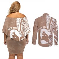 Mother's Day Couples Matching Off Shoulder Short Dress and Long Sleeve Button Shirt Polynesia Vintage Hibiscus - Brown