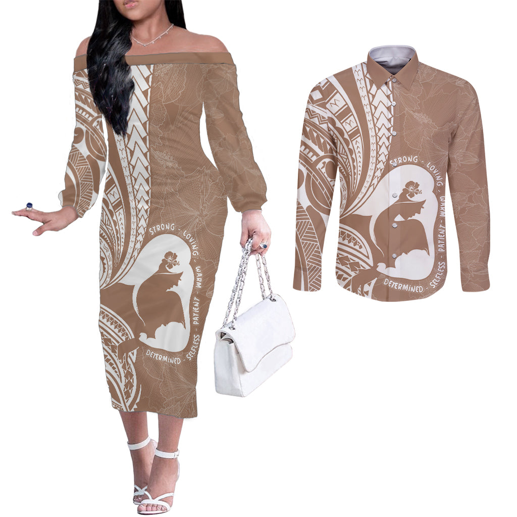 Mother's Day Couples Matching Off The Shoulder Long Sleeve Dress and Long Sleeve Button Shirt Polynesia Vintage Hibiscus - Brown LT7 Brown - Polynesian Pride