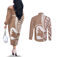 Mother's Day Couples Matching Off The Shoulder Long Sleeve Dress and Long Sleeve Button Shirt Polynesia Vintage Hibiscus - Brown LT7 - Polynesian Pride