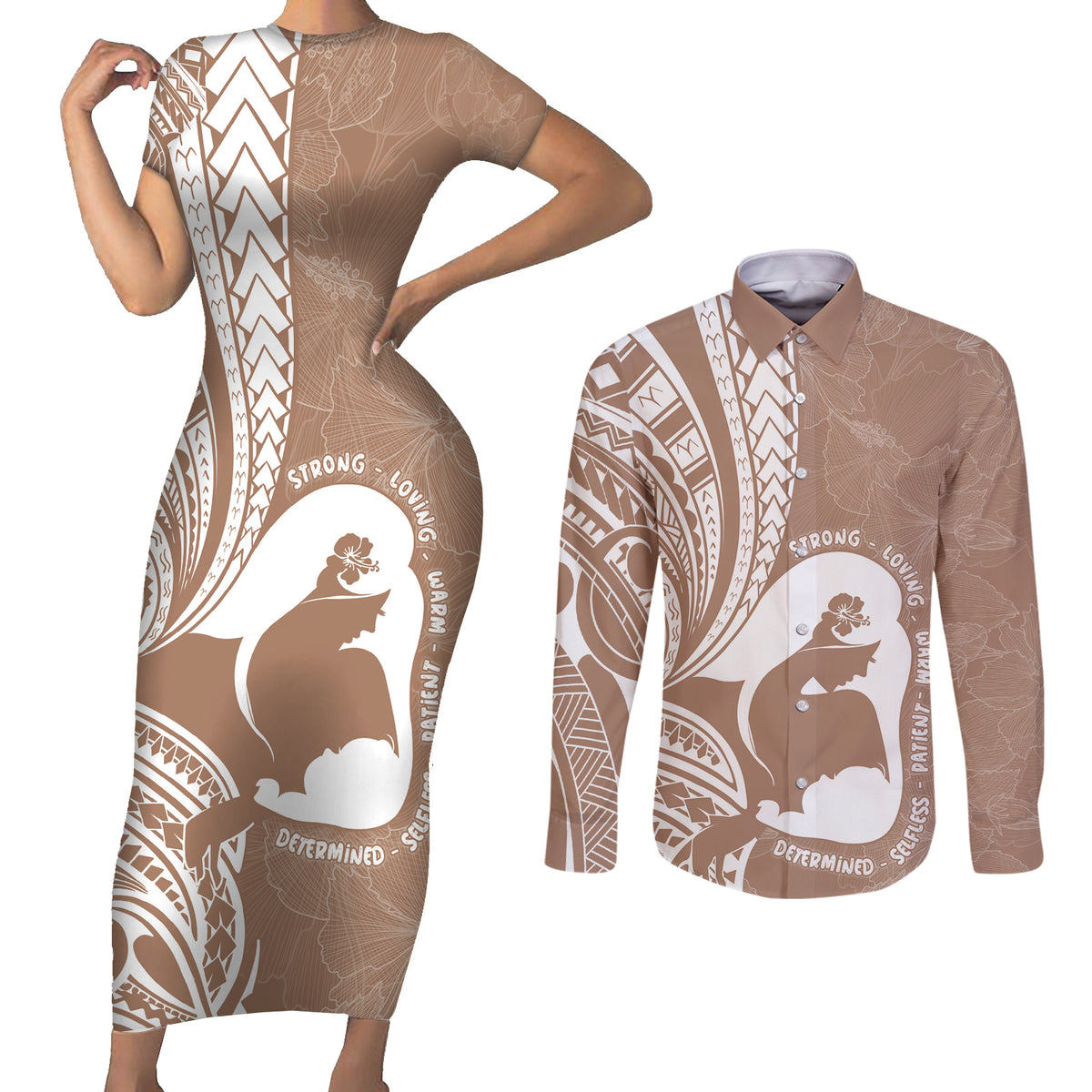 Mother's Day Couples Matching Short Sleeve Bodycon Dress and Long Sleeve Button Shirt Polynesia Vintage Hibiscus - Brown LT7 Brown - Polynesian Pride