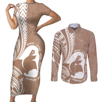 Mother's Day Couples Matching Short Sleeve Bodycon Dress and Long Sleeve Button Shirt Polynesia Vintage Hibiscus - Brown LT7 Brown - Polynesian Pride