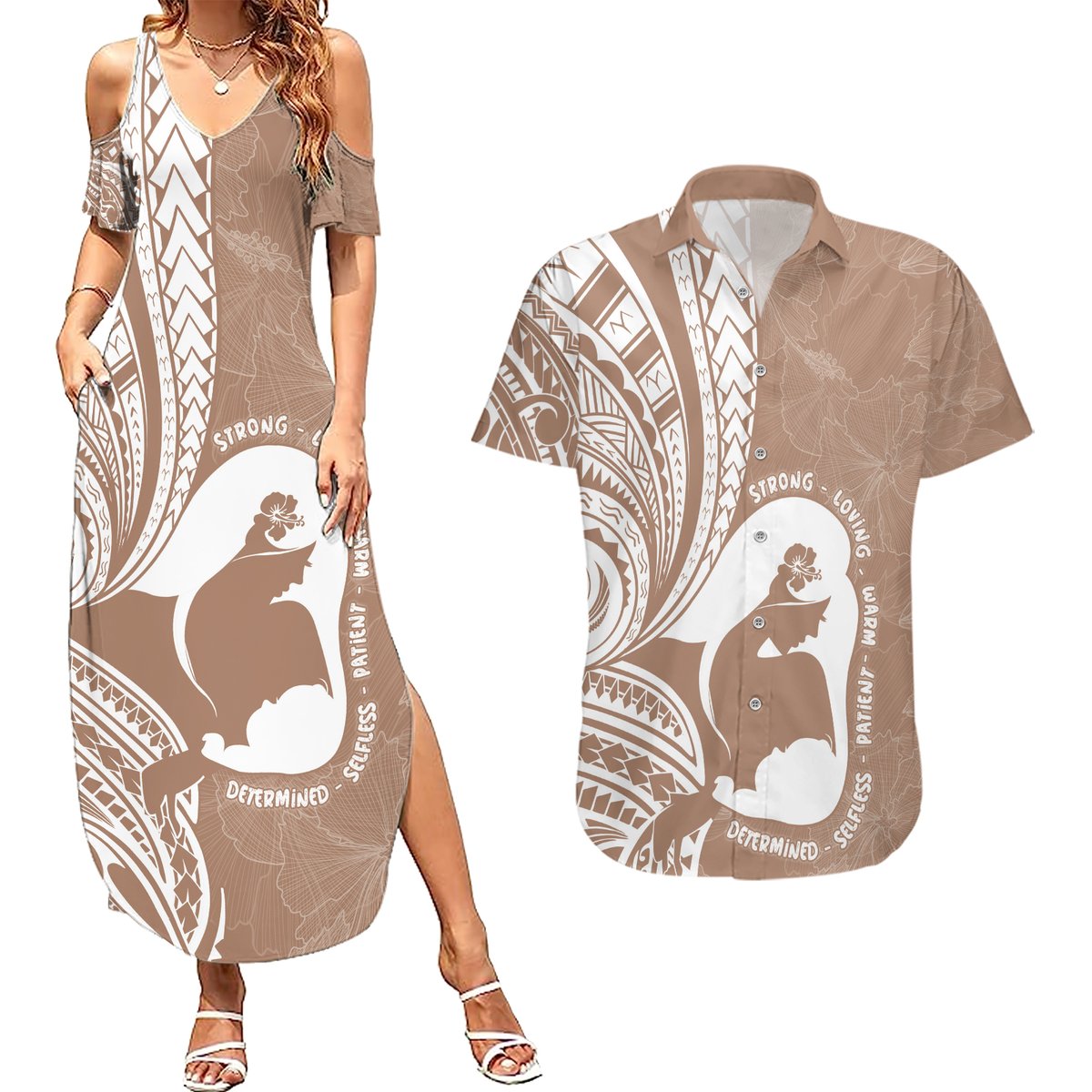Mother's Day Couples Matching Summer Maxi Dress and Hawaiian Shirt Polynesia Vintage Hibiscus - Brown LT7 Brown - Polynesian Pride