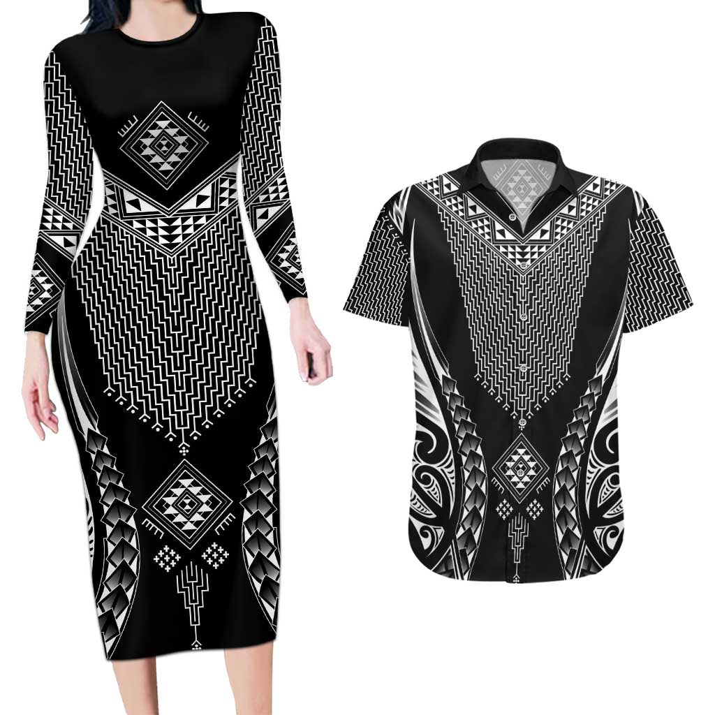 2025 Rugby Championship New Zealand Custom Couples Matching Long Sleeve Bodycon Dress and Hawaiian Shirt Poutama Motifs LT7 Black - Polynesian Pride