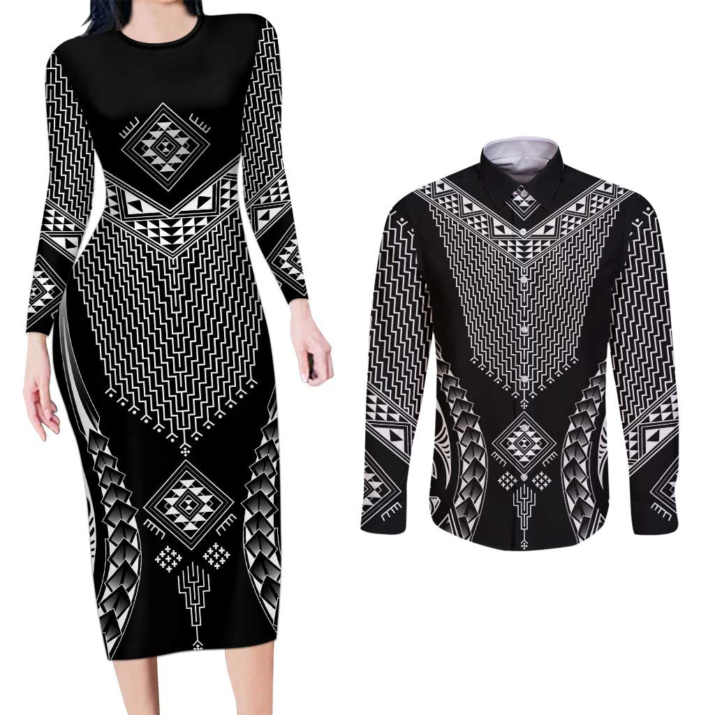 2025 Rugby Championship New Zealand Custom Couples Matching Long Sleeve Bodycon Dress and Long Sleeve Button Shirt Poutama Motifs - Polynesian Pride