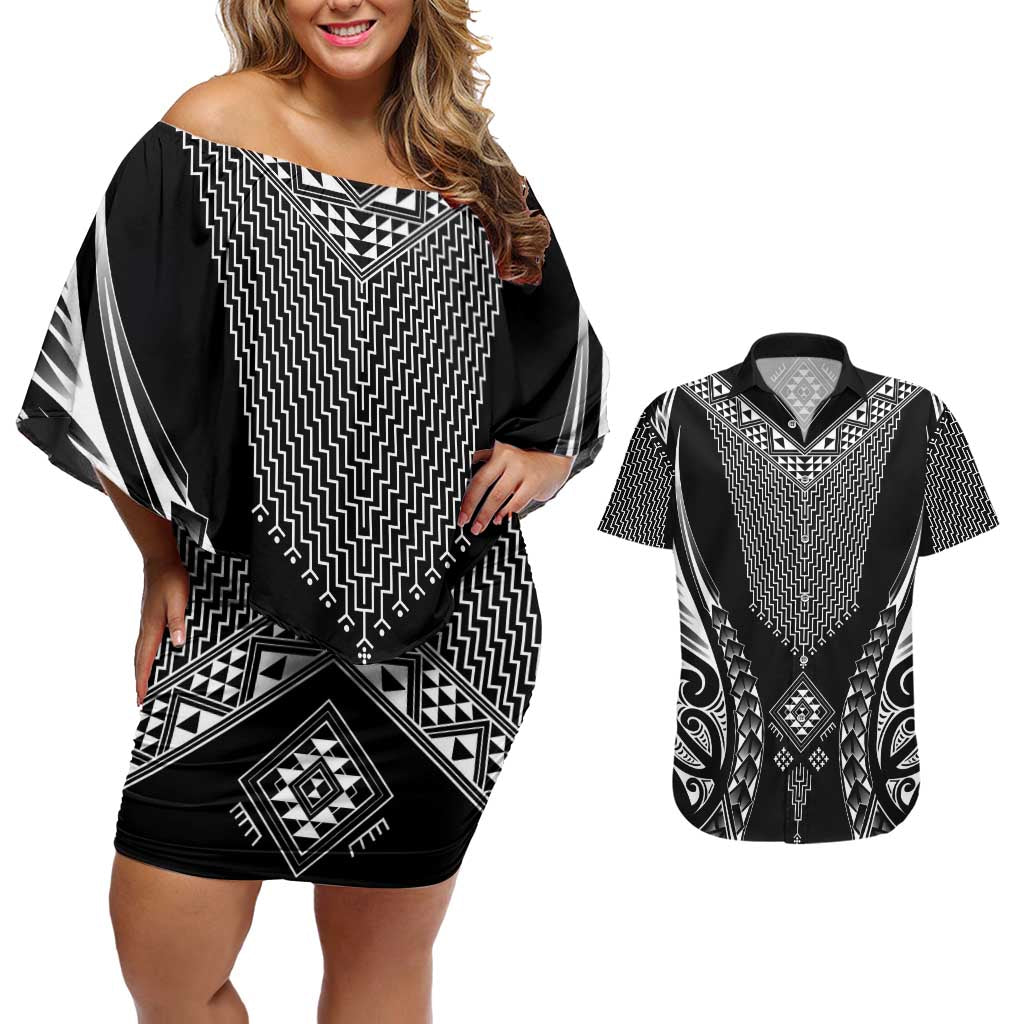 2025 Rugby Championship New Zealand Custom Couples Matching Off Shoulder Short Dress and Hawaiian Shirt Poutama Motifs LT7 Black - Polynesian Pride