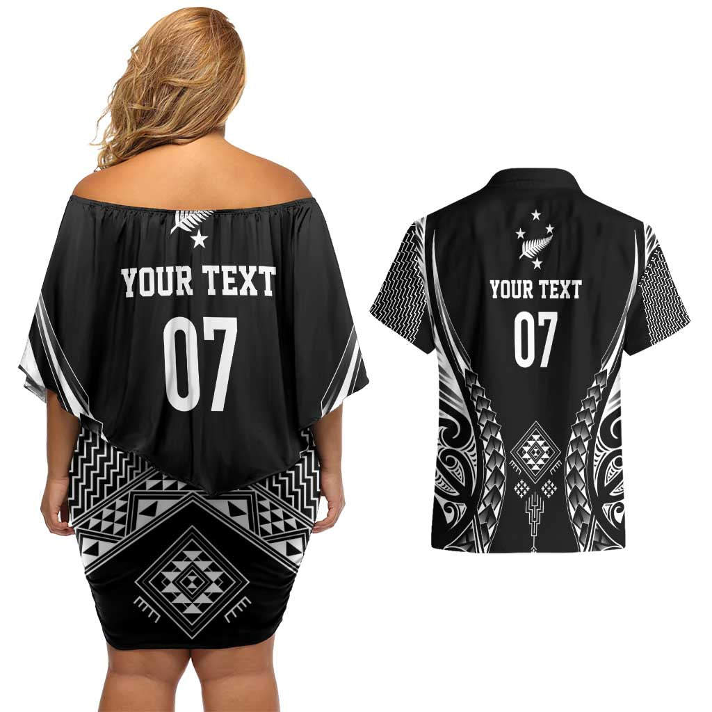 2025 Rugby Championship New Zealand Custom Couples Matching Off Shoulder Short Dress and Hawaiian Shirt Poutama Motifs LT7 - Polynesian Pride