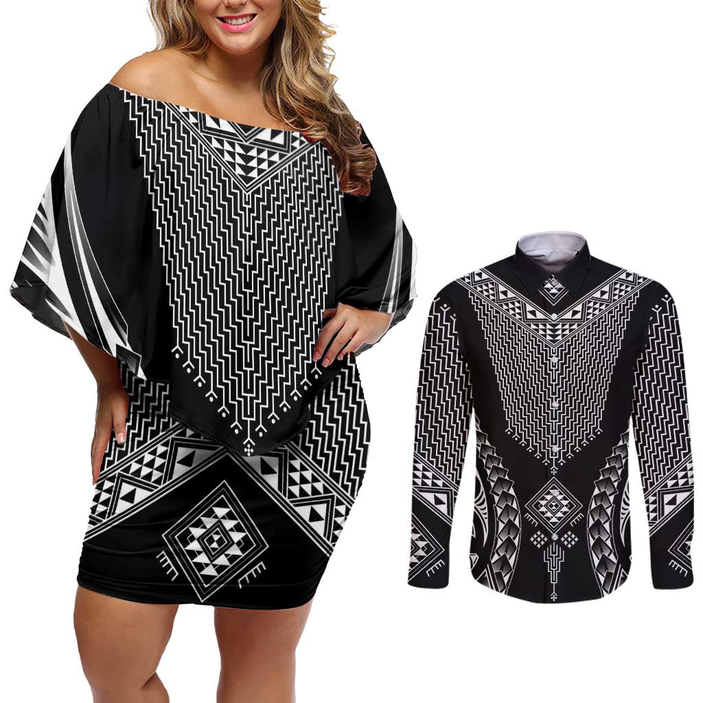 2025 Rugby Championship New Zealand Custom Couples Matching Off Shoulder Short Dress and Long Sleeve Button Shirt Poutama Motifs - Polynesian Pride