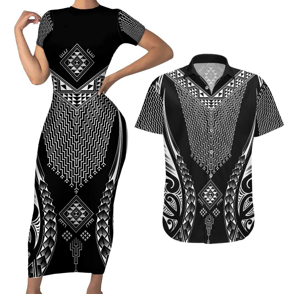 2025 Rugby Championship New Zealand Custom Couples Matching Short Sleeve Bodycon Dress and Hawaiian Shirt Poutama Motifs LT7 Black - Polynesian Pride
